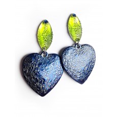 Cobalt Heart Earrings with Green Posts, Green Blue Earrings, Big Heart 